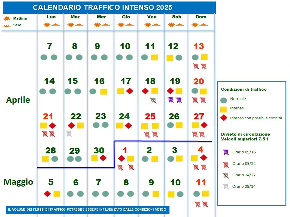 Calendario traffico festività 2025